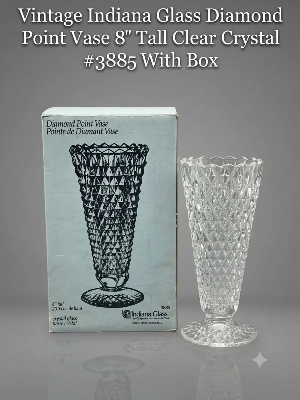 Indiana Glass Diamond Point Clear Crystal 8 Inch Footed Vase with Box